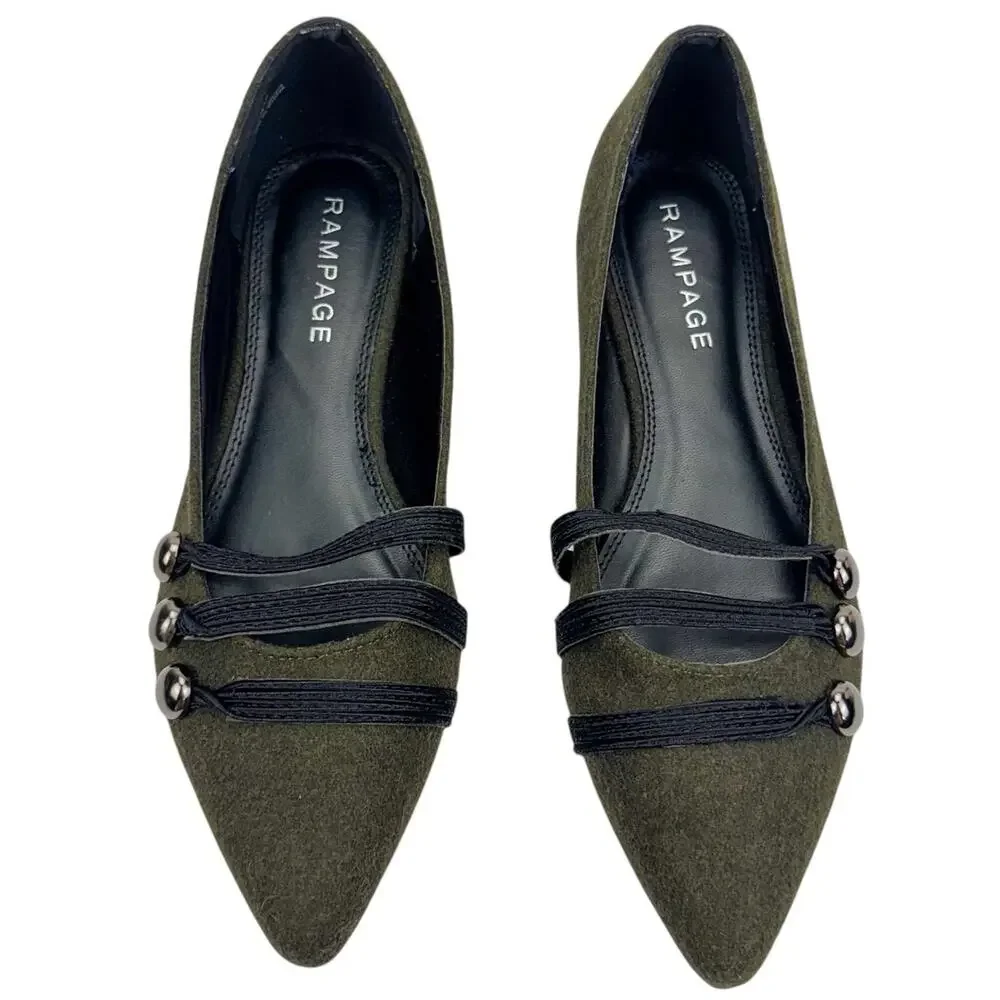 Rampage Safari Green Wool Strappy Button Pointed Toe Flats Sz 8.5 Comfort Trendy